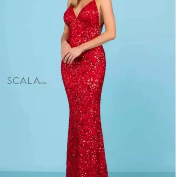 Scala silk Sequined wedding Prom Dress Size 4 red Sequins elegant - Picture 3 of 17